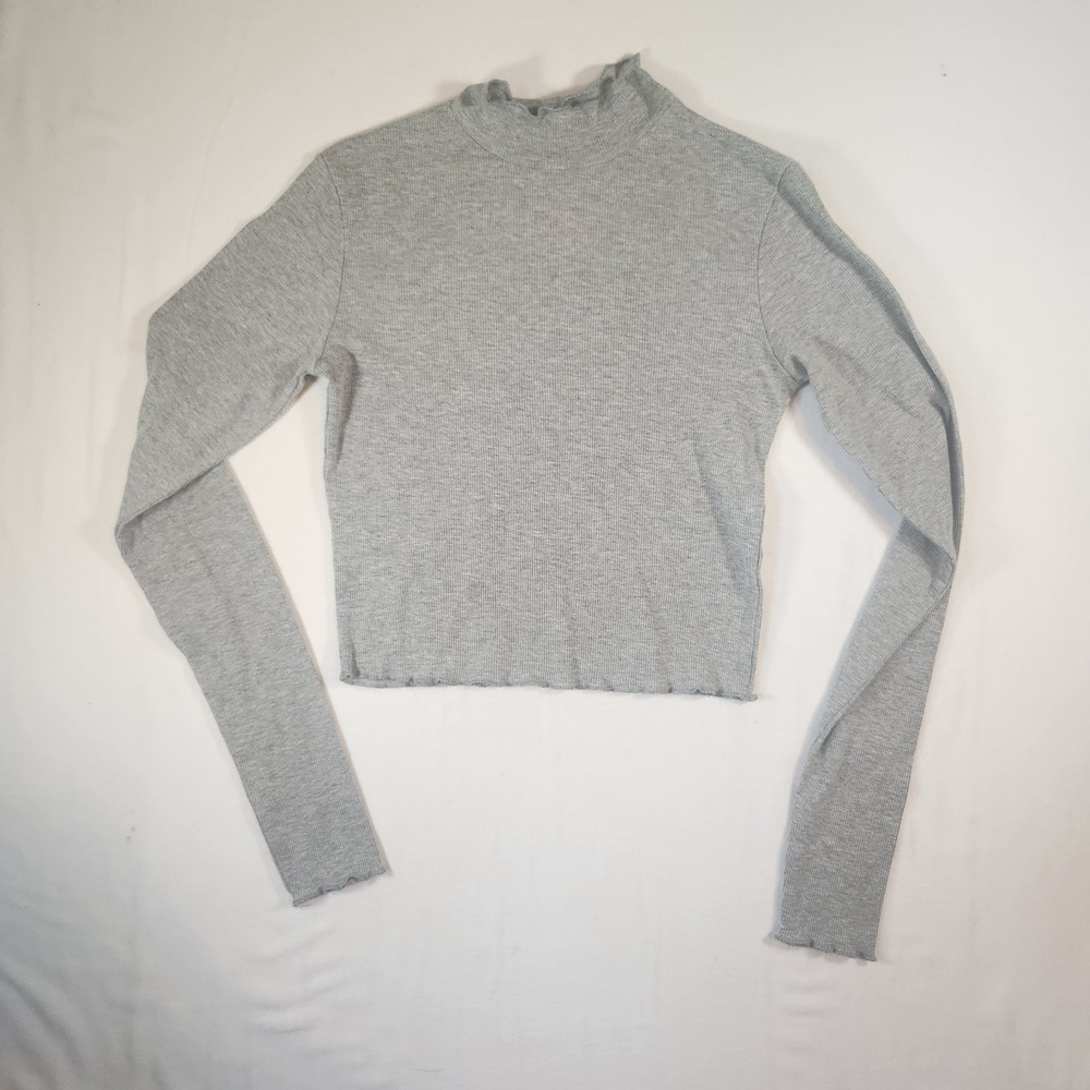 Ardene Gray Ribbed Mock Neck Crop Top Long Sleeve Lettuce Edge Trim Small‎